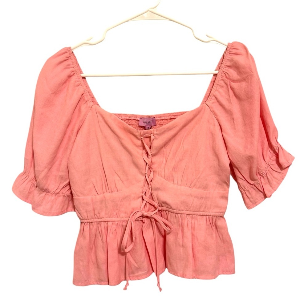 2/$30 Mi Ami - Pink Puff Ruffle Sleeve Crop Blouse w/ Crisscross Tie Front NWT S